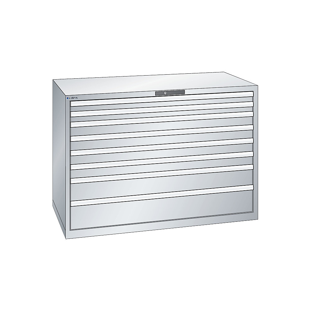 LISTA Armoire à tiroirs en tôle d'acier, h x l 1000 x 1431 mm, 8 tiroirs, charge max. 200 kg, gris clair