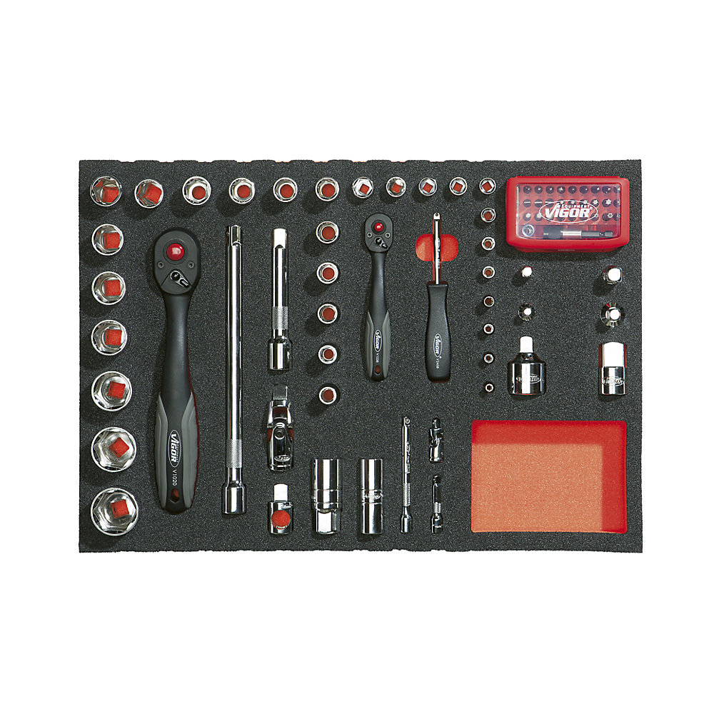 VIGOR Kit d'outils avec compartiment en mousse, outils divers ¼'' + ½'', 79 éléments