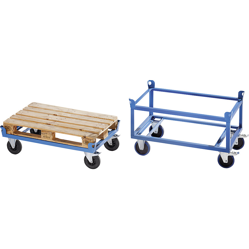 EUROKRAFTpro Steel wheeled base, for industrial pallets, max. load 1000 kg, loading height 650 mm, blue, 5+ items