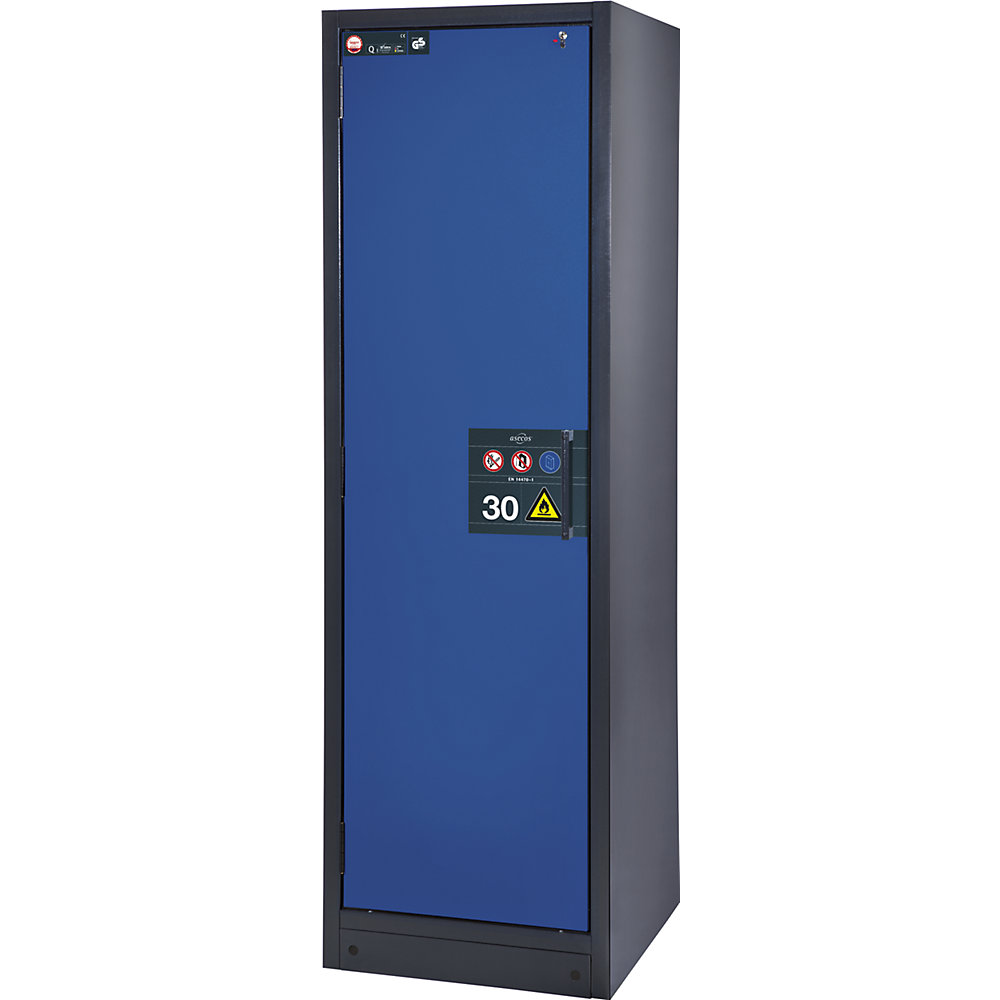 asecos Fire resistant hazardous goods cupboard, type 30, type 30, 1-door, 166 kg, with sheet steel doors, gentian blue door