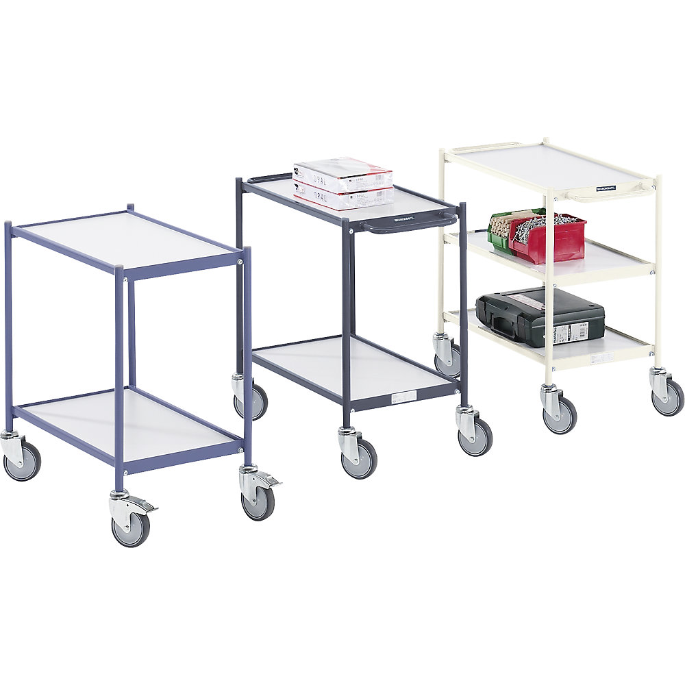 Tischwagen, Tragfähigkeit 150 kg, mit Schiebegriff, 2 Etagen, 4 Lenkrollen, 2 mit Doppelstopp eurokraft pro 2