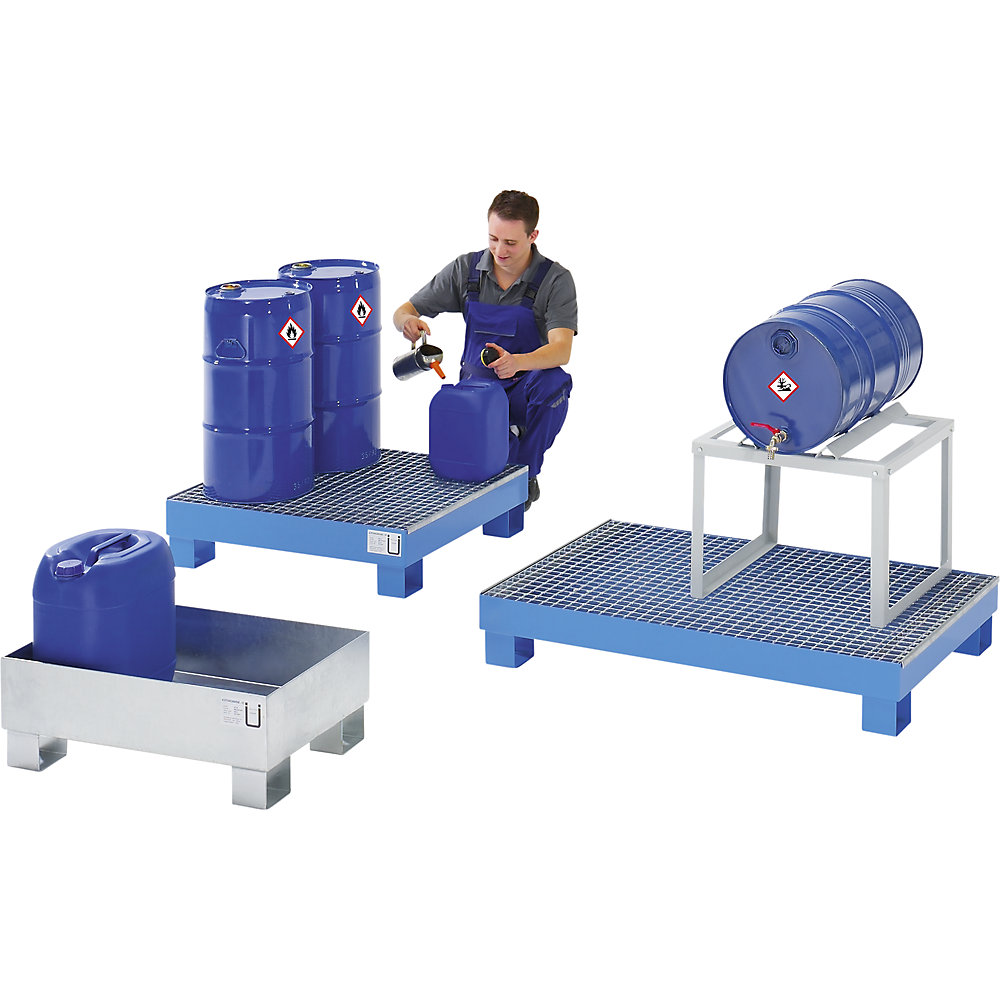 Auffangwanne für 60 l, LxBxH 800 x 1300 x 205 mm, ohne Zulassung, blau pulverbeschichtet, mit Gitterrost eurokraft basic 2