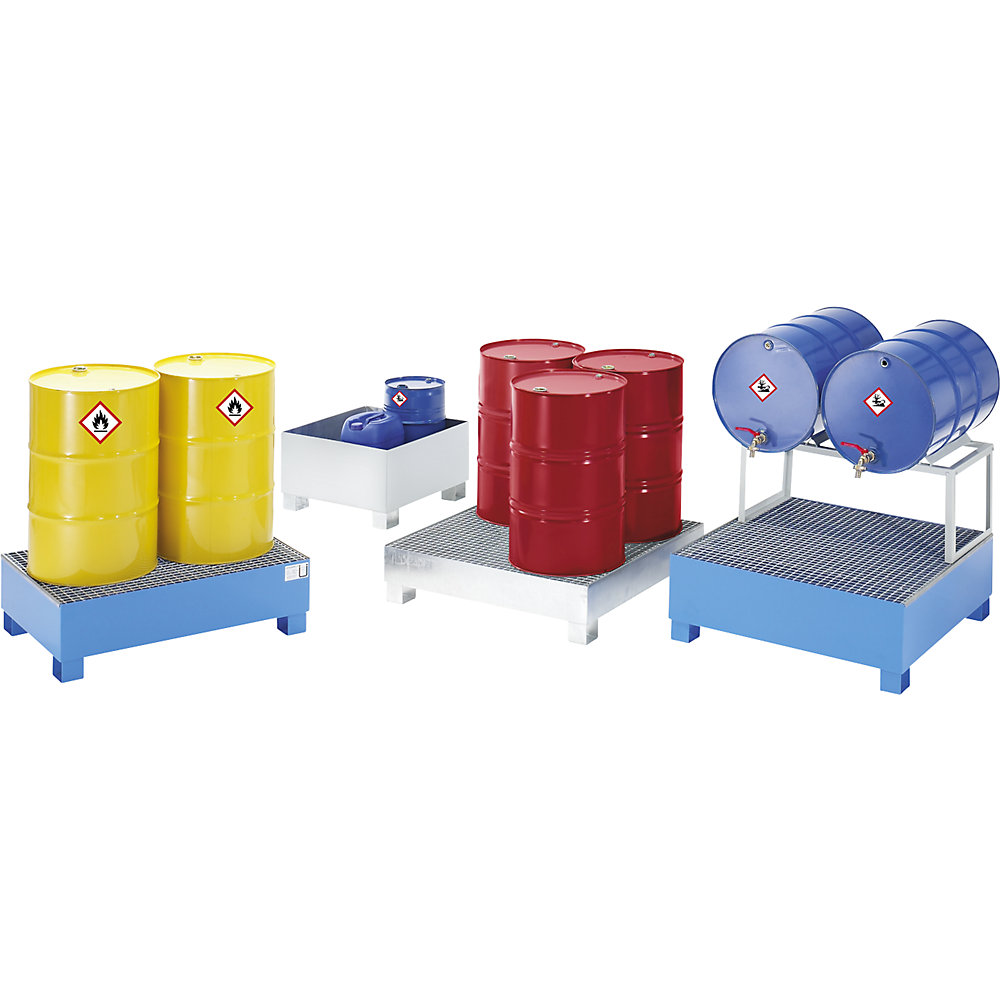 Stahl-Auffangwanne für 200-l-Fässer, LxBxH 1200 x 1200 x 285 mm, mit Zulassung, feuerverzinkt, mit Gitterrost eurokraft basic 2