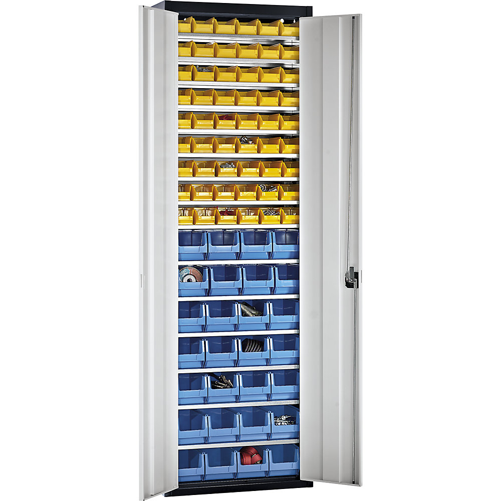 Magazinschrank mit Sichtlagerkästen, HxBxT 2150 x 680 x 280 mm, zweifarbig, Korpus schwarz, Türen grau, 114 Kästen mauser 2
