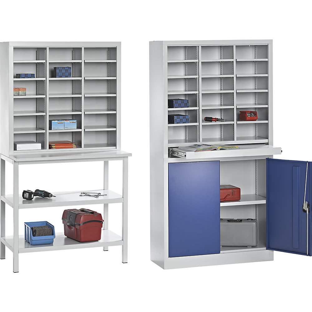 Ordnungs- und Sortierstation, mit Flügeltürschrank, lichtgrau / enzianblau Pavoy 2