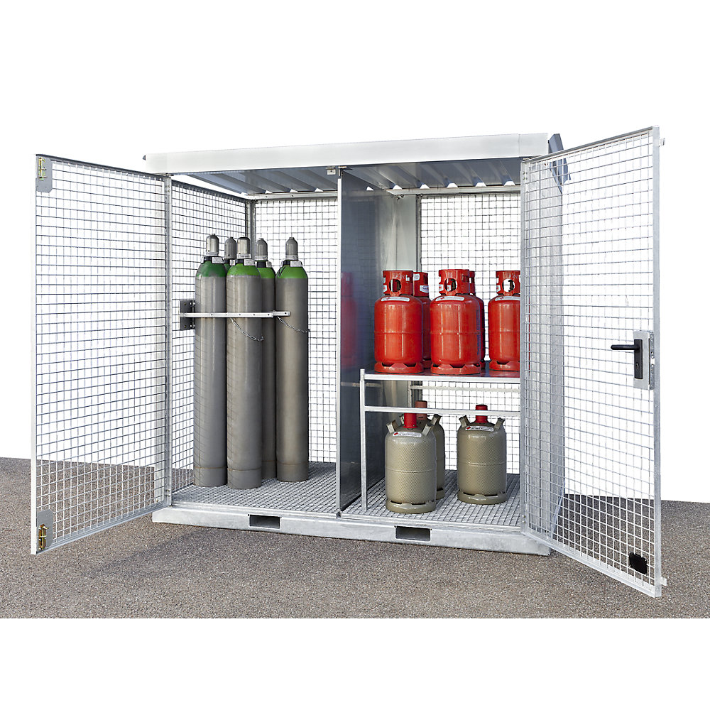Montierter Gasflaschen-Gittercontainer, 78 Flaschen mit Ø 230 mm, Bodenausführung Tränenblech eurokraft pro 2