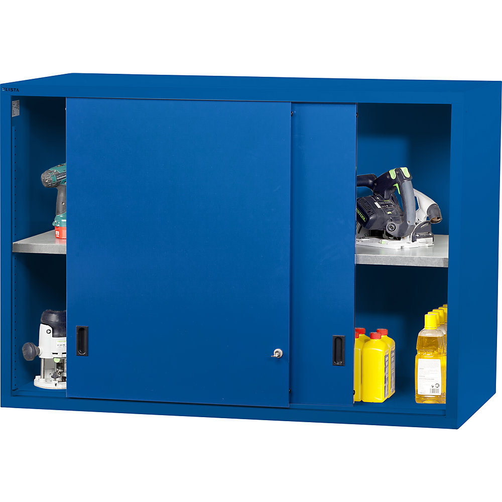 Aufsatzschrank mit Schiebetüren, Türen aus Vollblech, HxBxT 1000 x 1431 x 725 mm, lichtblau LISTA 2