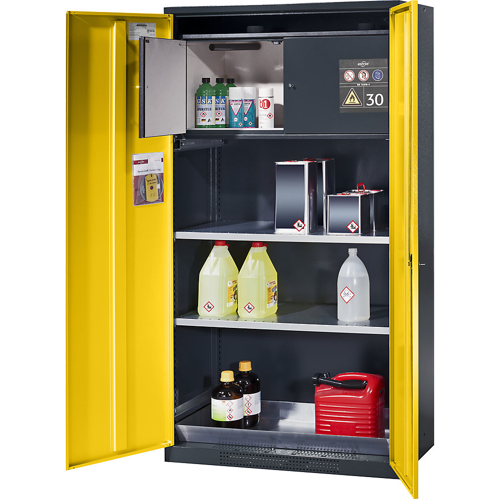 asecos Chemical storage cupboard, solid panel door, with hazardous goods storage box, door colour golden yellow RAL 1004