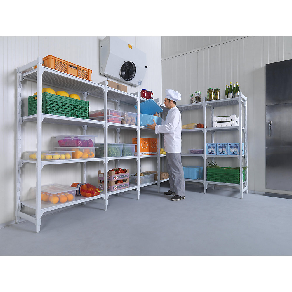 kaiserkraft Kunststoff-Steckregalsystem PREMIUM, Fachboden-BxT 900 x 600 mm, Grundregal, Breite 970 mm, Boden geschlitzt 2