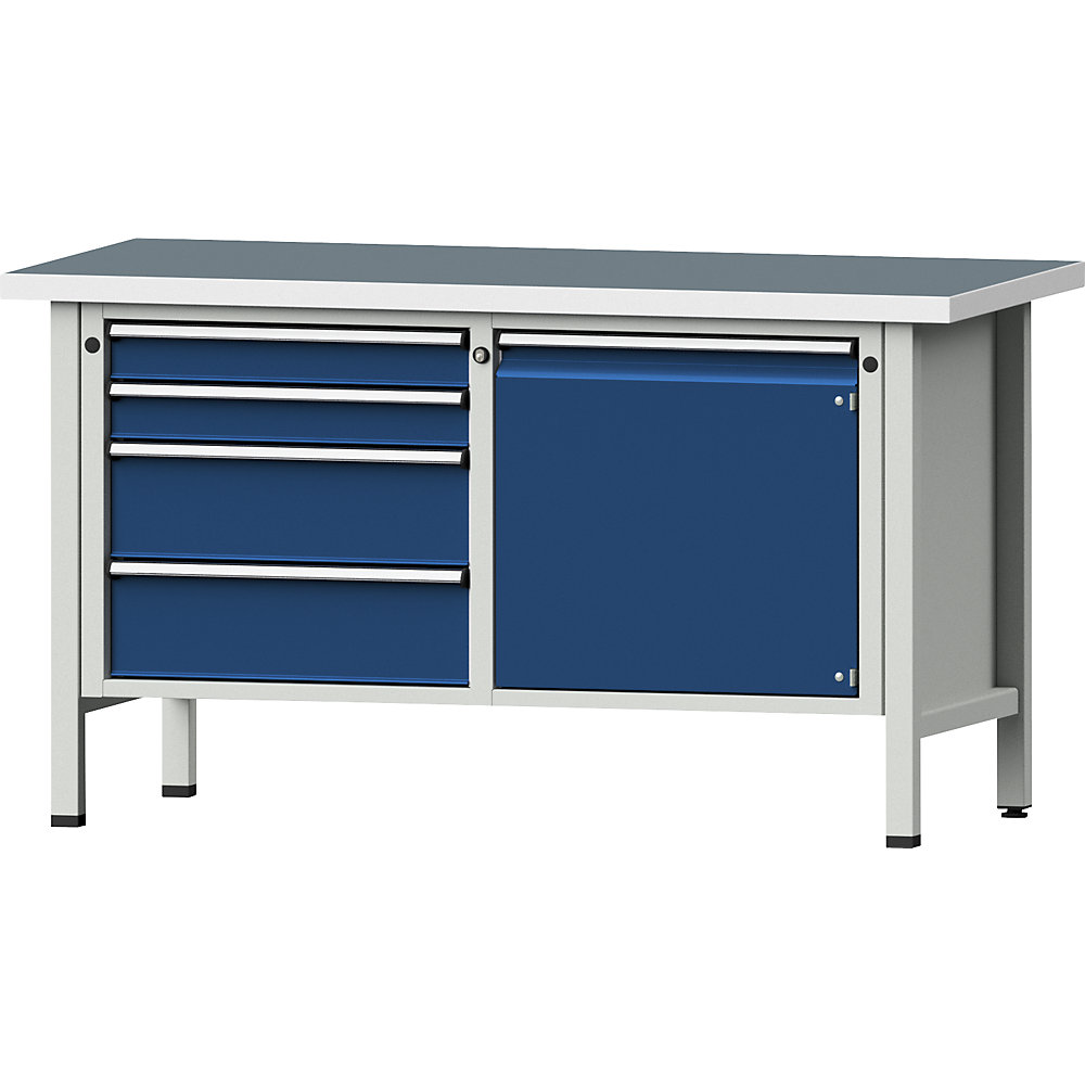 Werkbank, Gestellbauweise Serie V, 4 Schubladen, Tür 540 mm, Universalplatte, Vollauszug ANKE 2