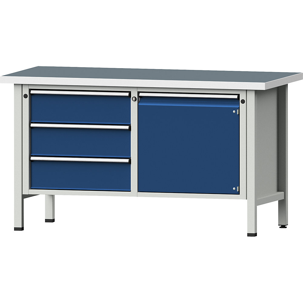 Werkbank, Gestellbauweise Serie V, 3 Schubladen, Tür 540 mm, Universalplatte, Vollauszug ANKE 2
