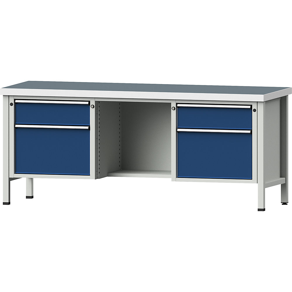 Werkbank, Gestellbauweise Serie V, Schubladen 2 x 180 mm, 2 x 360 mm, ½ Ablageboden, Universalplatte, Vollauszug ANKE 2