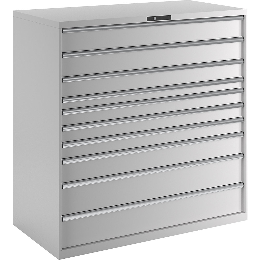 Schubladenschrank, Stahlblech, HxB 1450 x 1431 mm, 10 Schubladen, Tragkraft 200 kg, lichtgrau LISTA 2