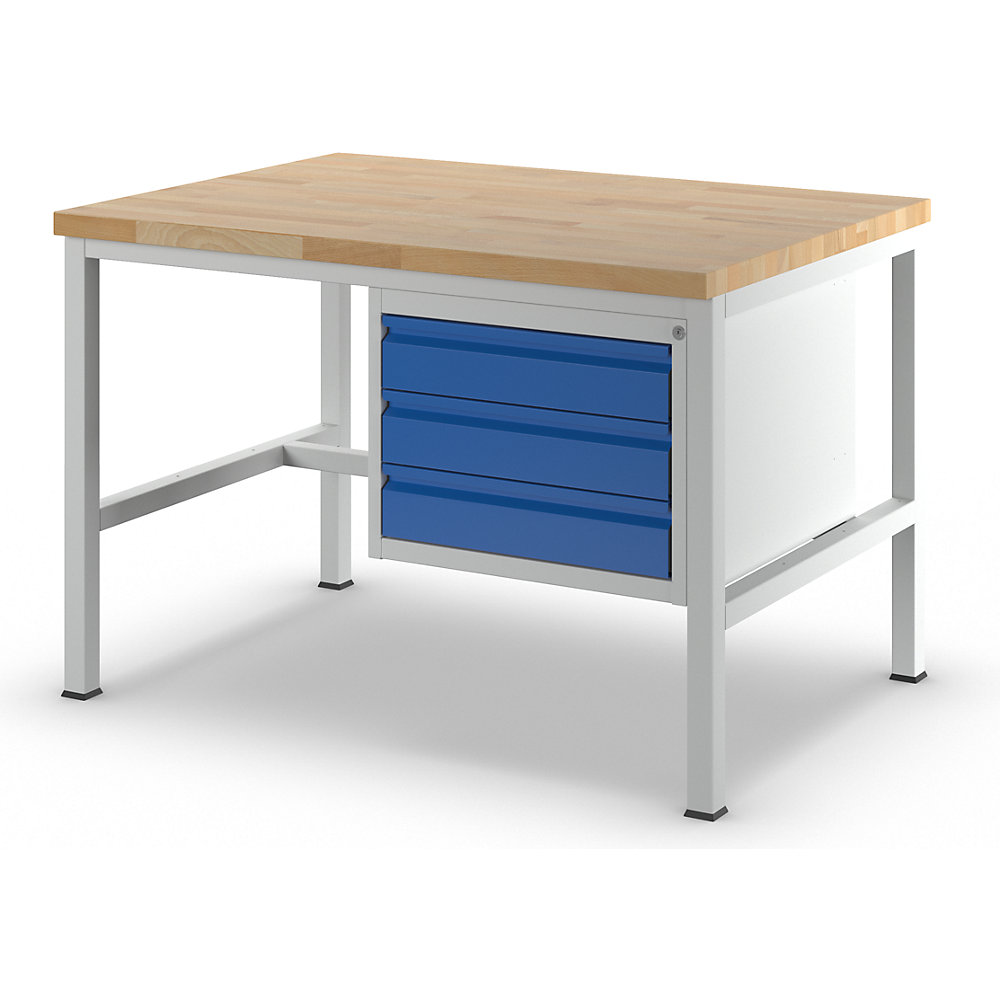 Werkbank, Gestellbauweise, 3 Schubladen Größe L, Tiefe 900 mm, Breite 1250 mm RAU 2