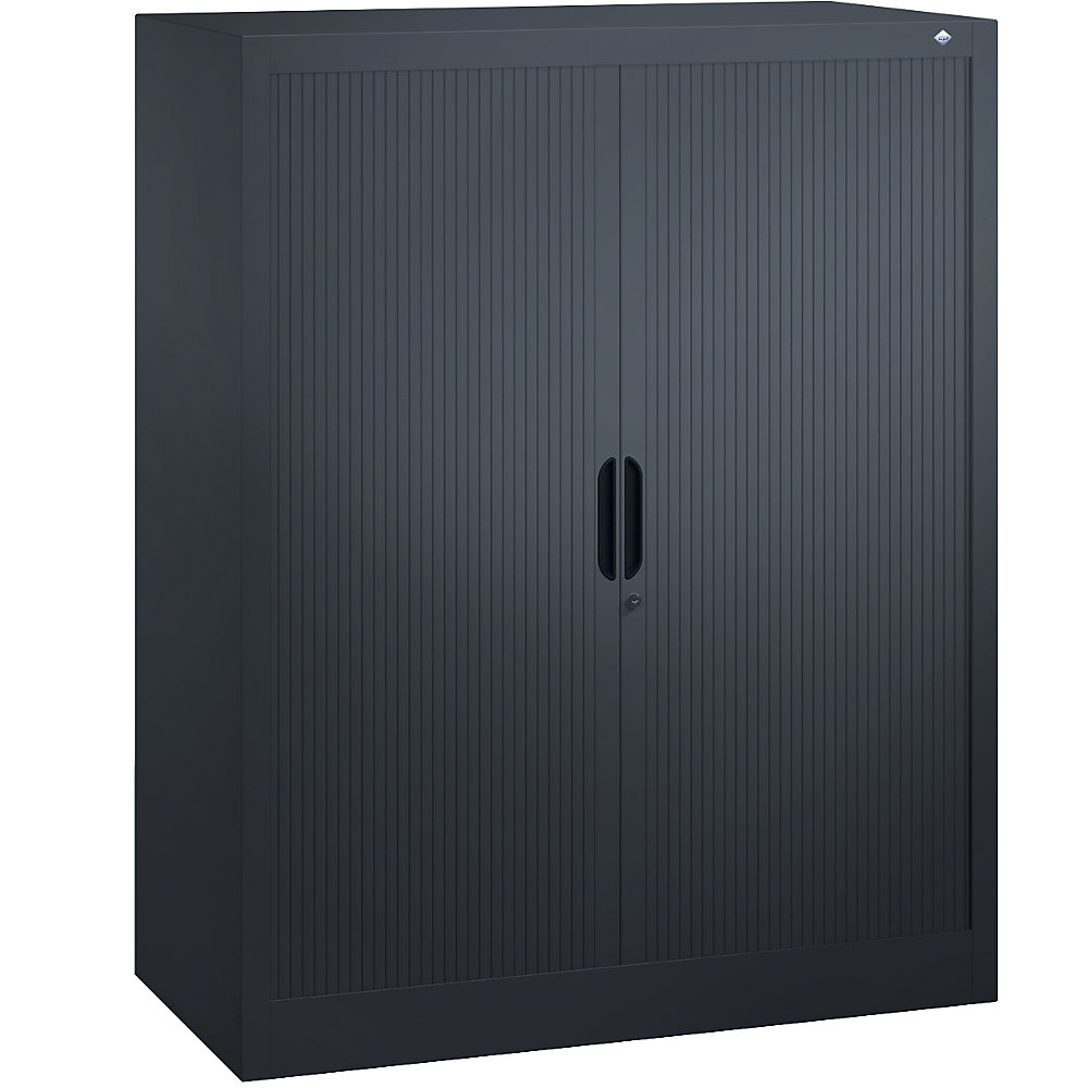Rollladenschrank mit Horizontal-Jalousie, HxBxT 1230 x 1000 x 420 mm, 2 Fachböden, 3 Ordnerhöhen, schwarzgrau C+P