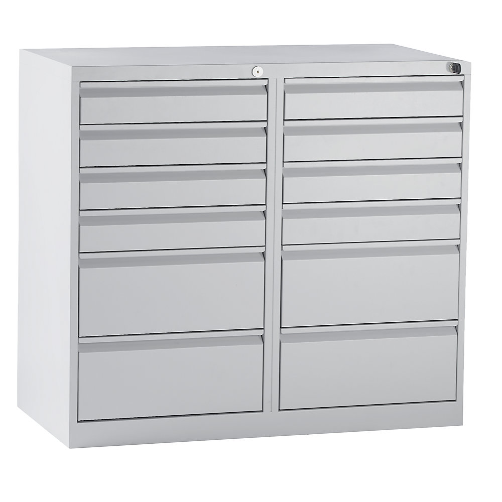 EUROKRAFTbasic Cassettiera, acciaio, alt. x largh. x prof. 900 x 1000 x 500 mm, 12 cassetti, cassetti colore grigio chiaro