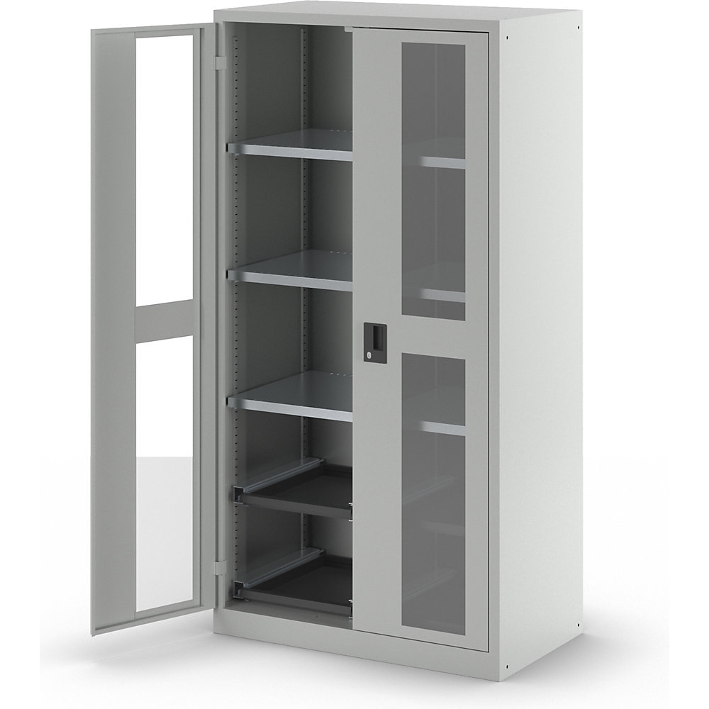 Sichtfensterschrank, HxBxT 1950 x 1000 x 580 mm, mit 10 Fachböden, lichtgrau LISTA 2