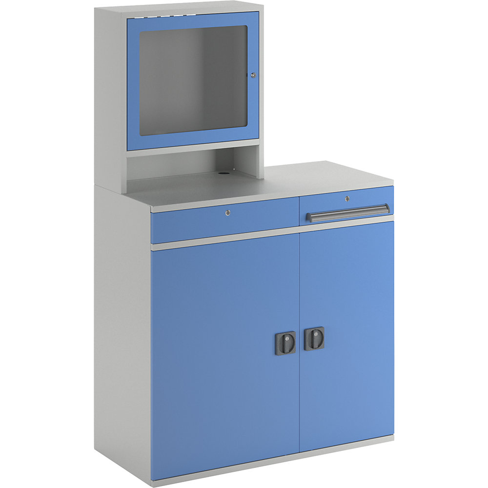 Computer-Arbeitsstation, Stahlblech, HxB 1770 x 1100 mm, mit Monitorgehäuse, Türfarbe Lichtblau eurokraft pro 2