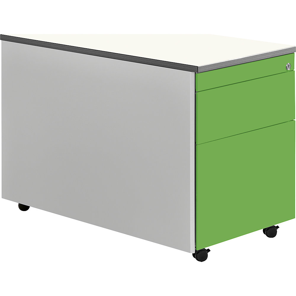 Mauser Ladeblok op wielen, h x d = 579 x 800 mm, kunststof plaat, 1 materiaallade, 1 hangmappenlade, blank aluminiumkleurig / geelgroen / wit