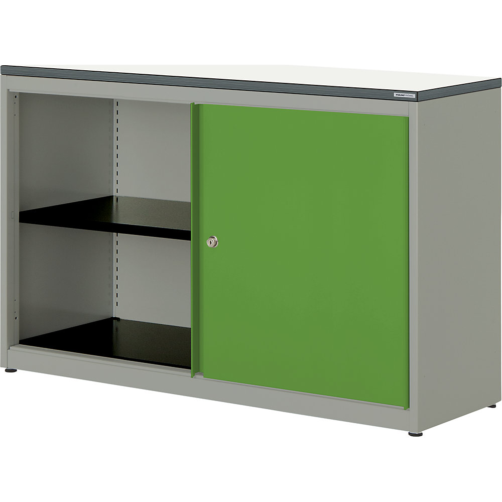 mauser Armoire à portes coulissantes, h x l x p 830 x 1200 x 432 mm, plateau en plastique, 1 tablette, aluminium / vert jaune / blanc