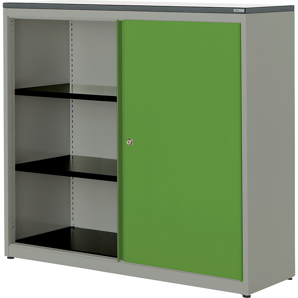 mauser Armoire à portes coulissantes, h x l x p 1180 x 1200 x 432 mm, plateau en plastique, 2 tablettes, aluminium / vert jaune / blanc