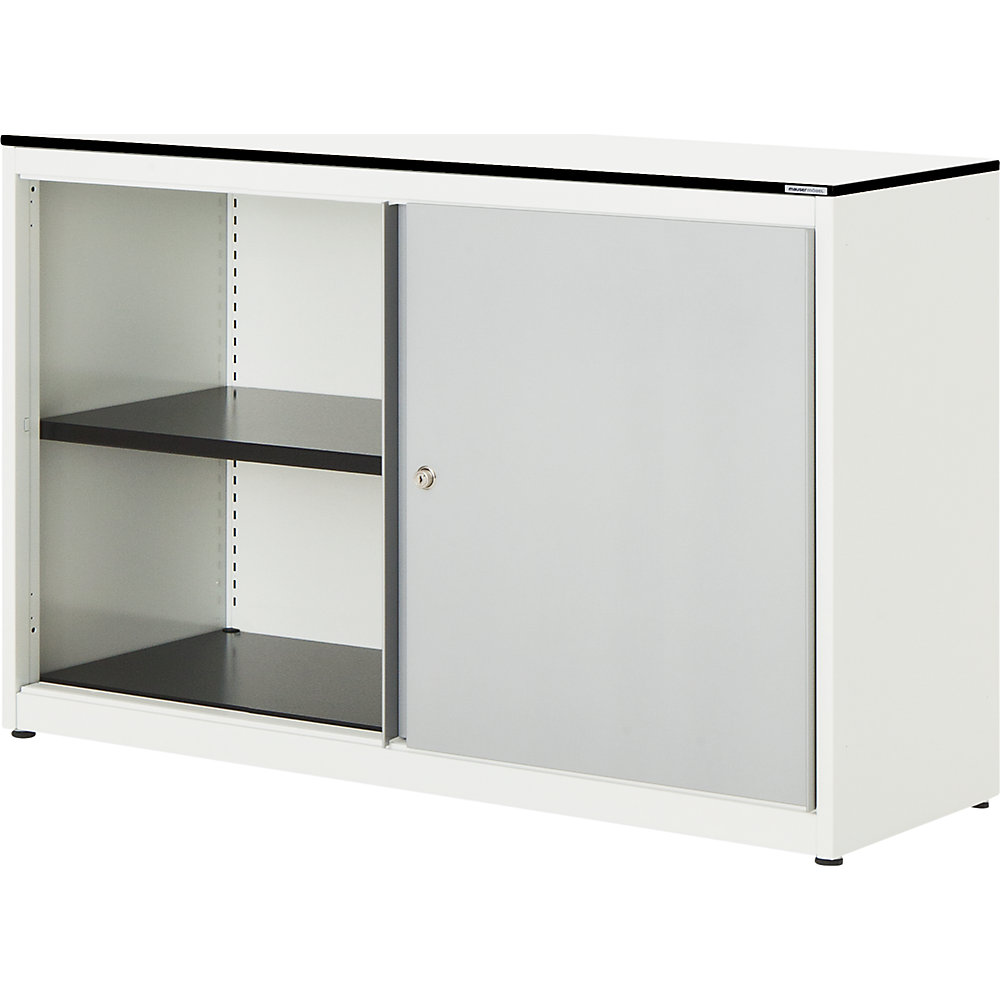 mauser Armario de puertas correderas, H x A x P 818 x 1200 x 432 mm, tablero de núcleo macizo, 1 balda, blanco puro / aluminio blanco / blanco