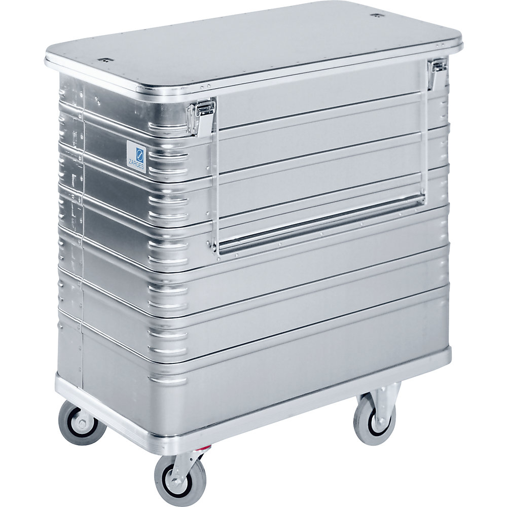 ZARGES Aluminium box trolley, capacity 1050 l, with half drop gate on side panel