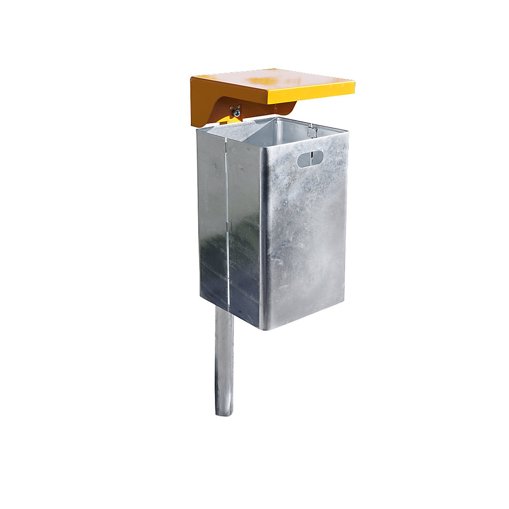 Waste collector for outdoor use, hot dip galvanised, capacity 40 l, WxHxD 310 x 600 x 360 mm, zinc plated powder coated hood in orange RAL 2000
