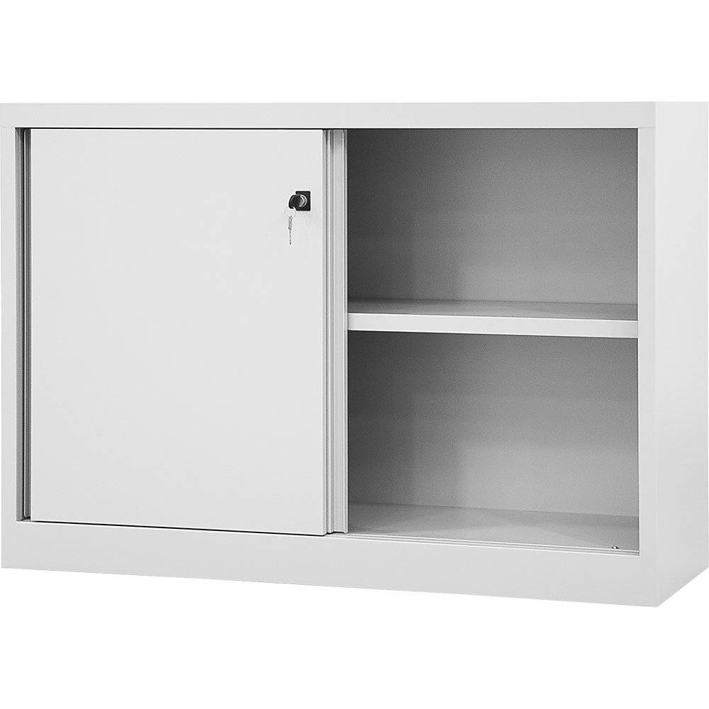 BISLEY ECO sliding door cupboard, 1 shelf, 2 file heights, silver