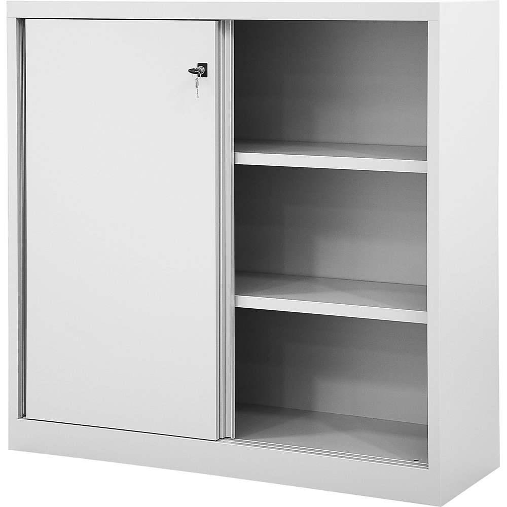 BISLEY ECO sliding door cupboard, 2 shelves, 3 file heights, light grey