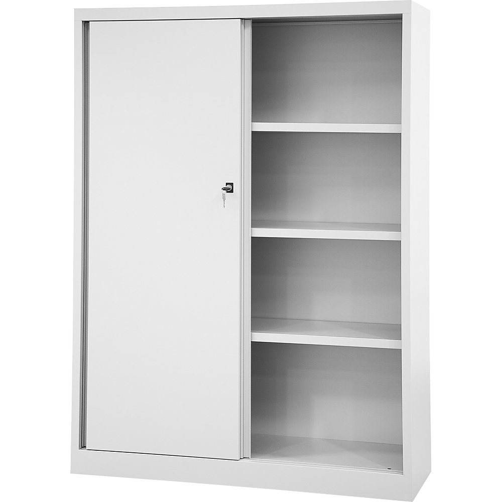 BISLEY ECO sliding door cupboard, 3 shelves, 4 file heights, light grey