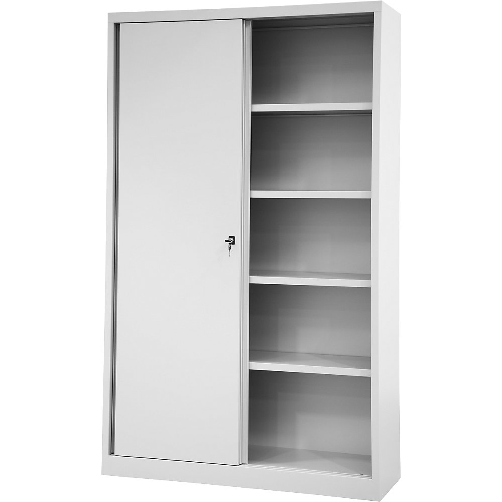 BISLEY ECO sliding door cupboard, 4 shelves, 5 file heights, light grey