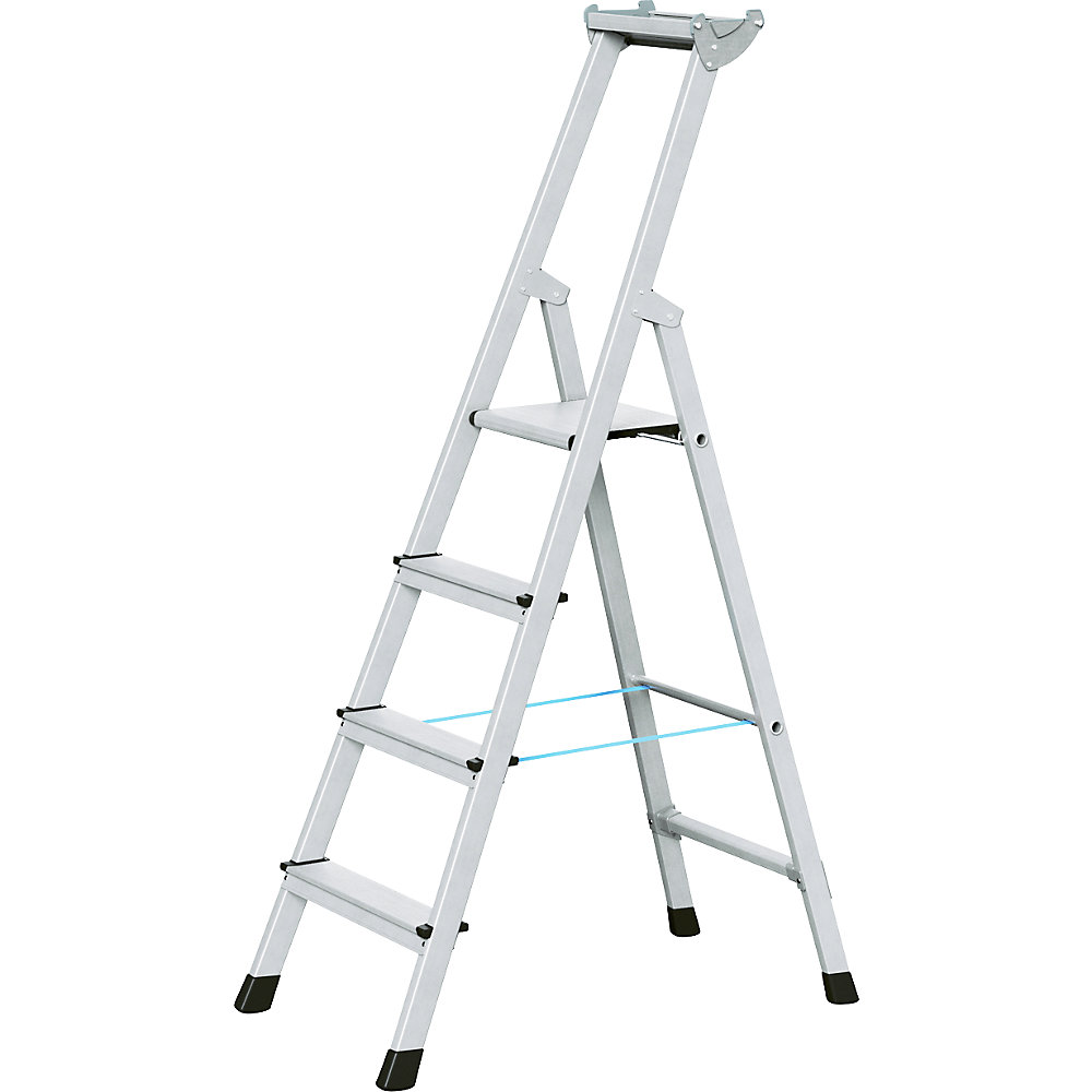 ZARGES Professional step ladder, single sided access, anodised aluminium, with tool tray, for workshop and industrial use, 4 steps inclusive platforms