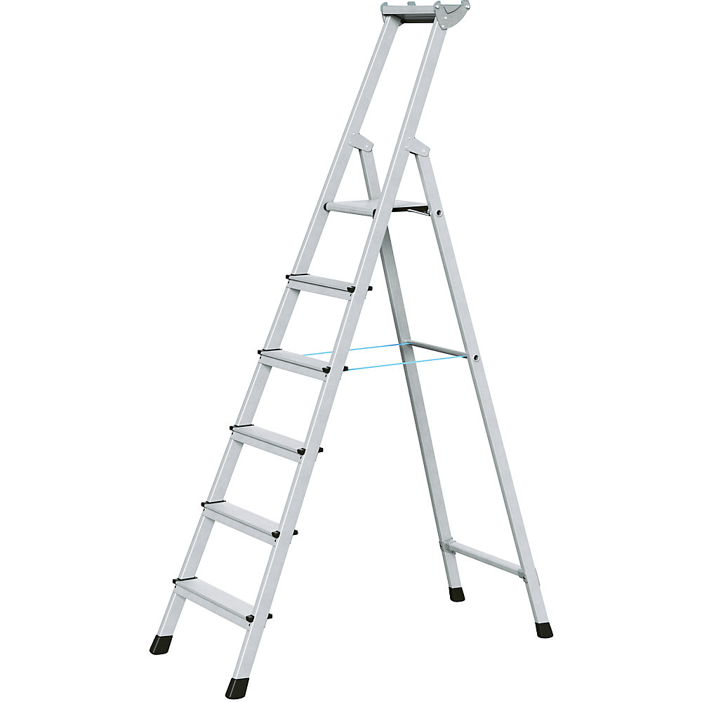 ZARGES Professional step ladder, single sided access, anodised aluminium, with tool tray, for workshop and industrial use, 6 steps inclusive platforms