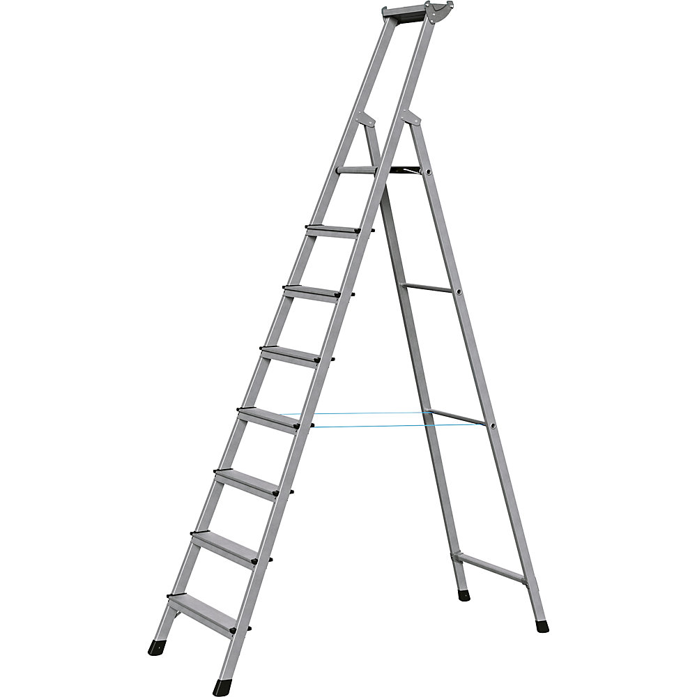 ZARGES Professional step ladder, single sided access, anodised aluminium, with tool tray, for workshop and industrial use, 8 steps inclusive platforms