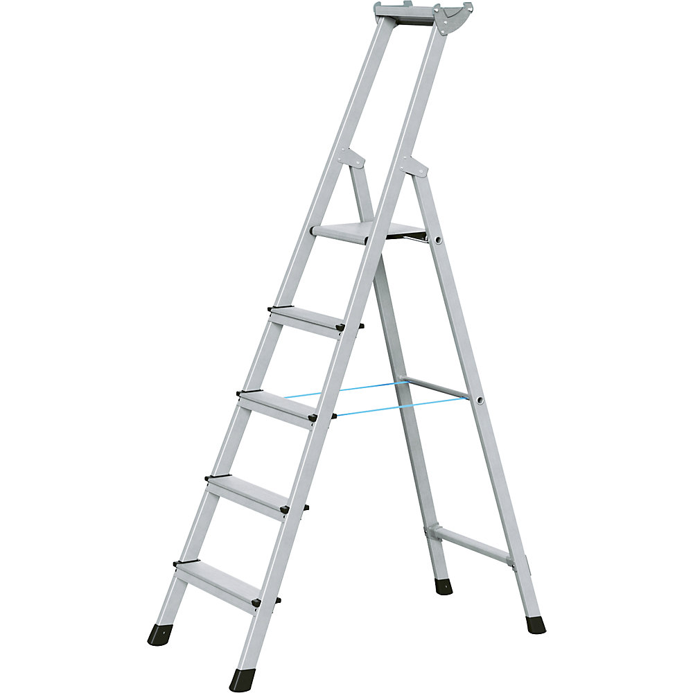 ZARGES Professional step ladder, single sided access, anodised aluminium, with tool tray, for workshop and industrial use, 5 steps inclusive platforms