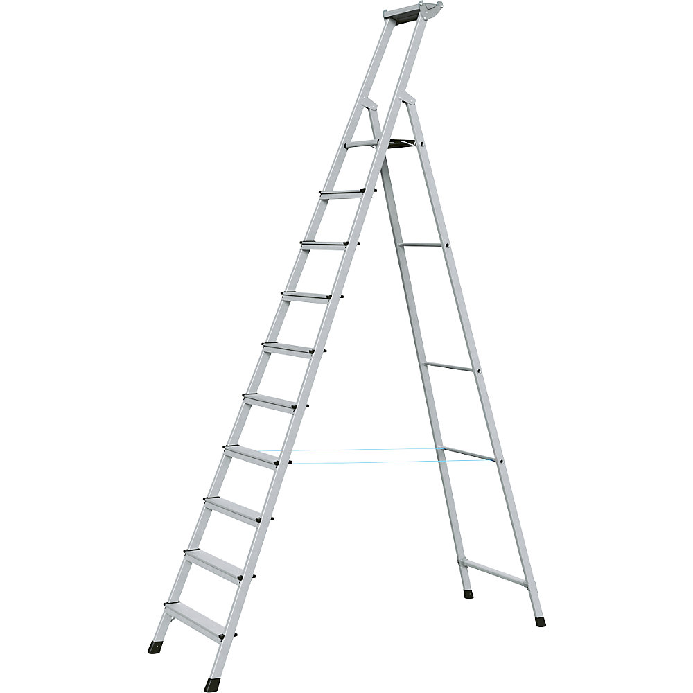 ZARGES Professional step ladder, single sided access, anodised aluminium, with tool tray, for workshop and industrial use, 10 steps incl. platform
