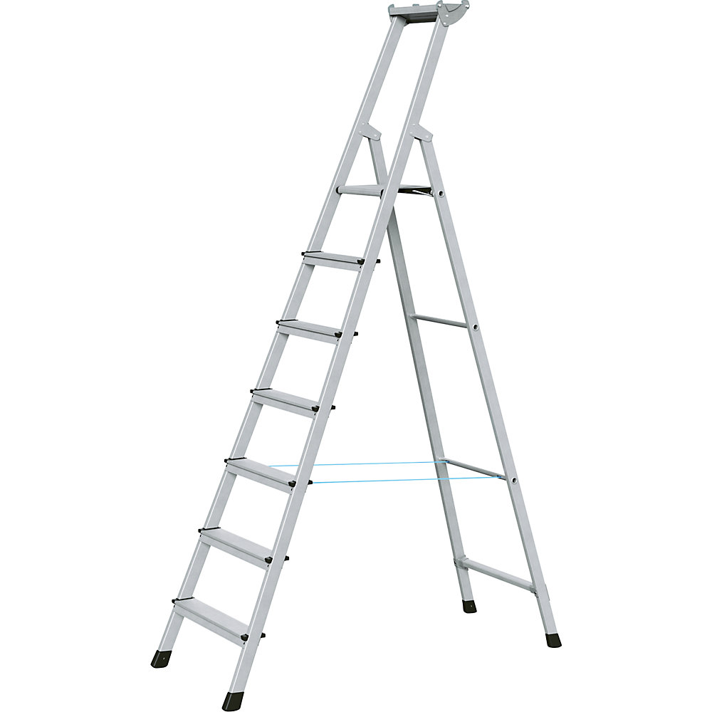 ZARGES Professional step ladder, single sided access, anodised aluminium, with tool tray, for workshop and industrial use, 7 steps inclusive platforms