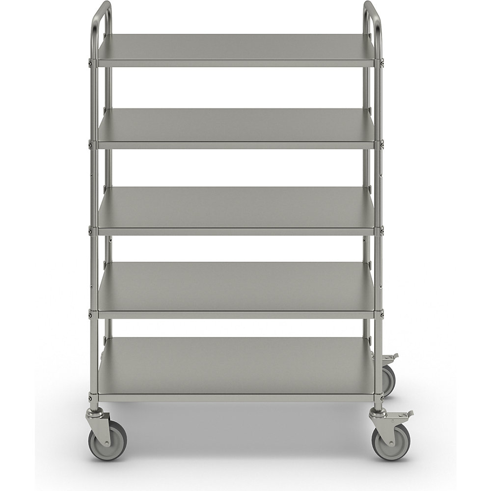 Leichter Etagenwagen Höhe 1445 mm, mit 5 Metallböden, galvanisch verzinkt, 2 Lenkrollen mit Stopp Kongamek 2