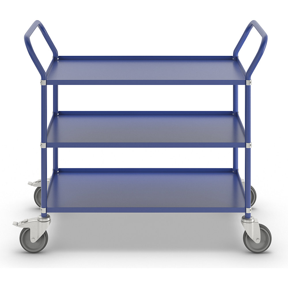 Leichter Etagenwagen Höhe 940 mm, mit 3 Metallböden, blau, 2 Lenkrollen mit Stopp Kongamek 2