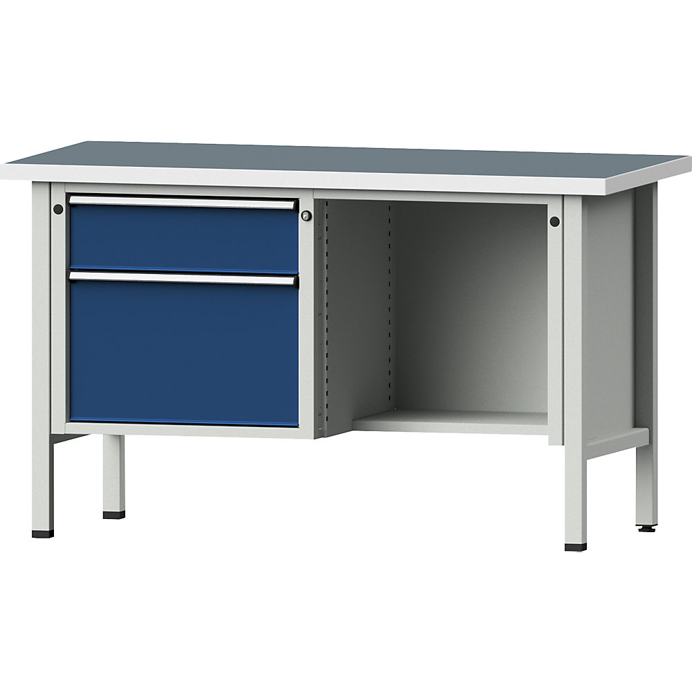 Werkbank, Gestellbauweise Serie V, 2 Schubladen, ½ Ablageboden, Höhe 890 mm, Universalplatte ANKE 2