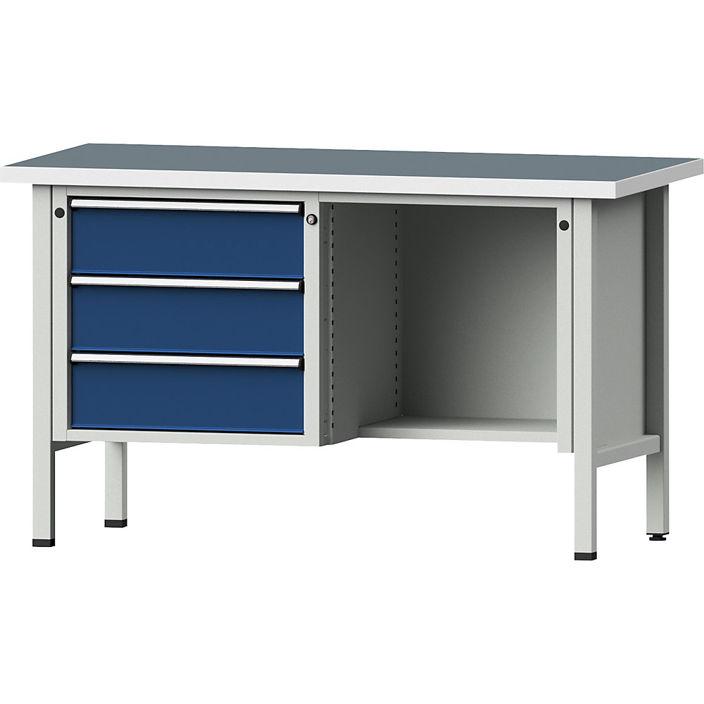 Werkbank, Gestellbauweise Serie V, 3 Schubladen, ½ Ablageboden, Arbeitshöhe 890 mm, Universalplatte ANKE 2