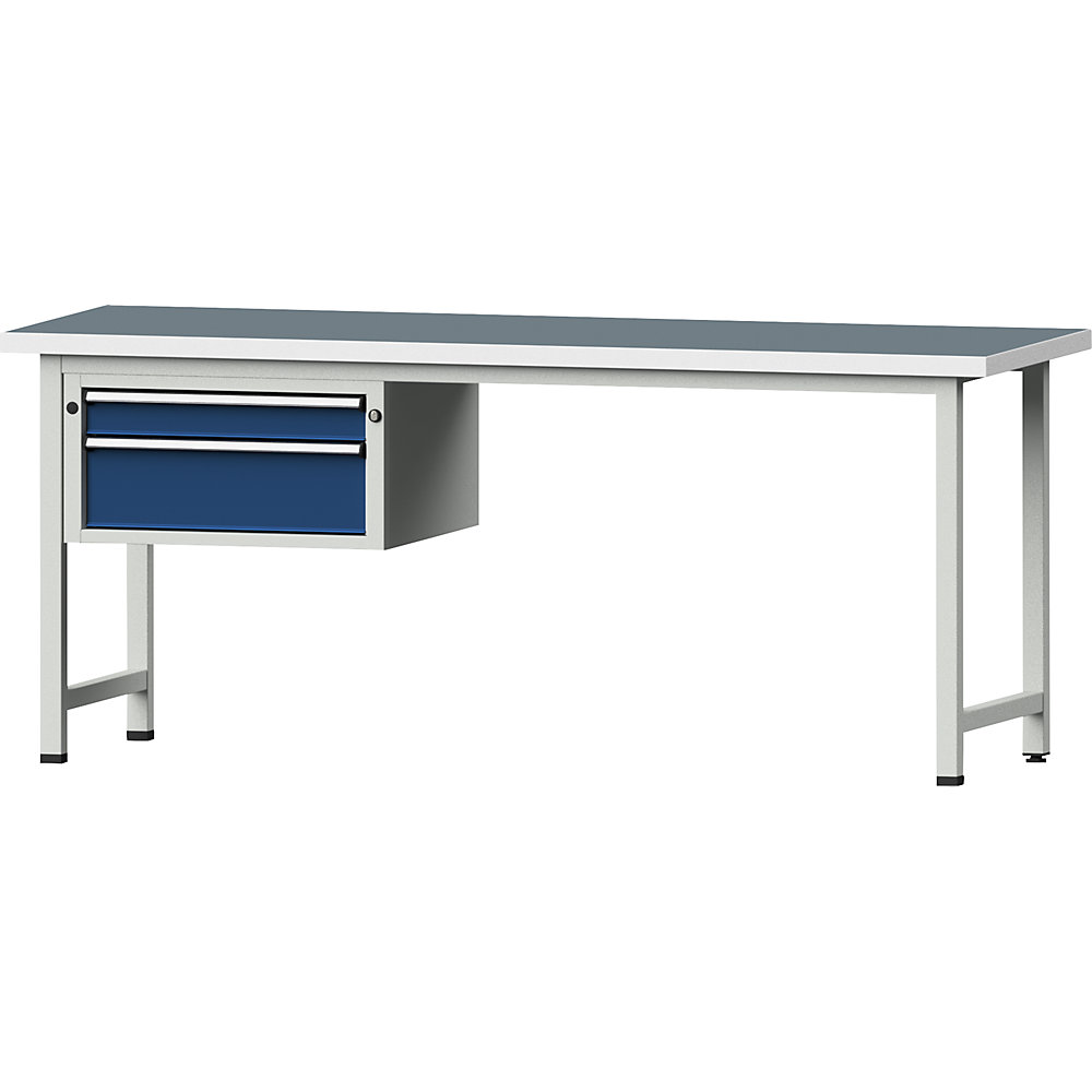 Werkbank, Gestellbauweise Serie V, 2 Schubladen, Breite 2000 mm, Universalplatte ANKE 2