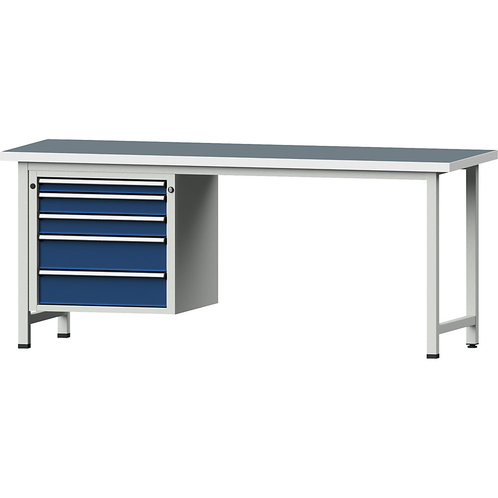 Werkbank, Gestellbauweise Serie V, 5 Schubladen, Universalplatte, Breite 2000 mm ANKE 2
