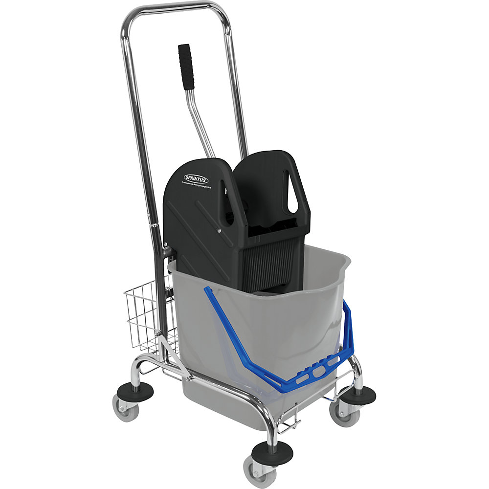 Wet mop trolley, 1 x 27 l single mobile bucket with push bar, and storage basket