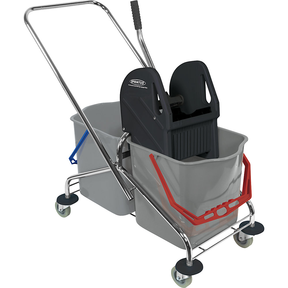 Wet mop trolley, 2 x 27 l double mobile buckets with push bar, and metal frame