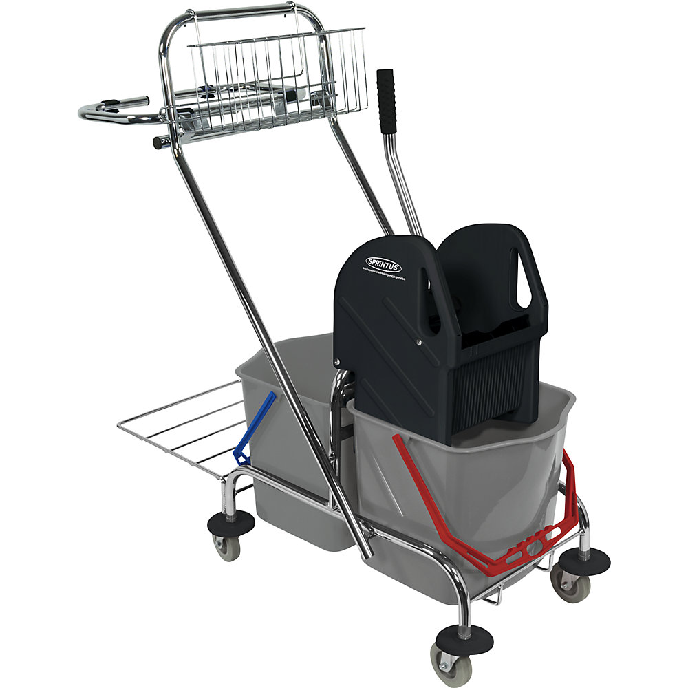 Wet mop trolley, 2 x 17 l double mobile buckets with waste sack holder, and push bar, storage basket and storage rack