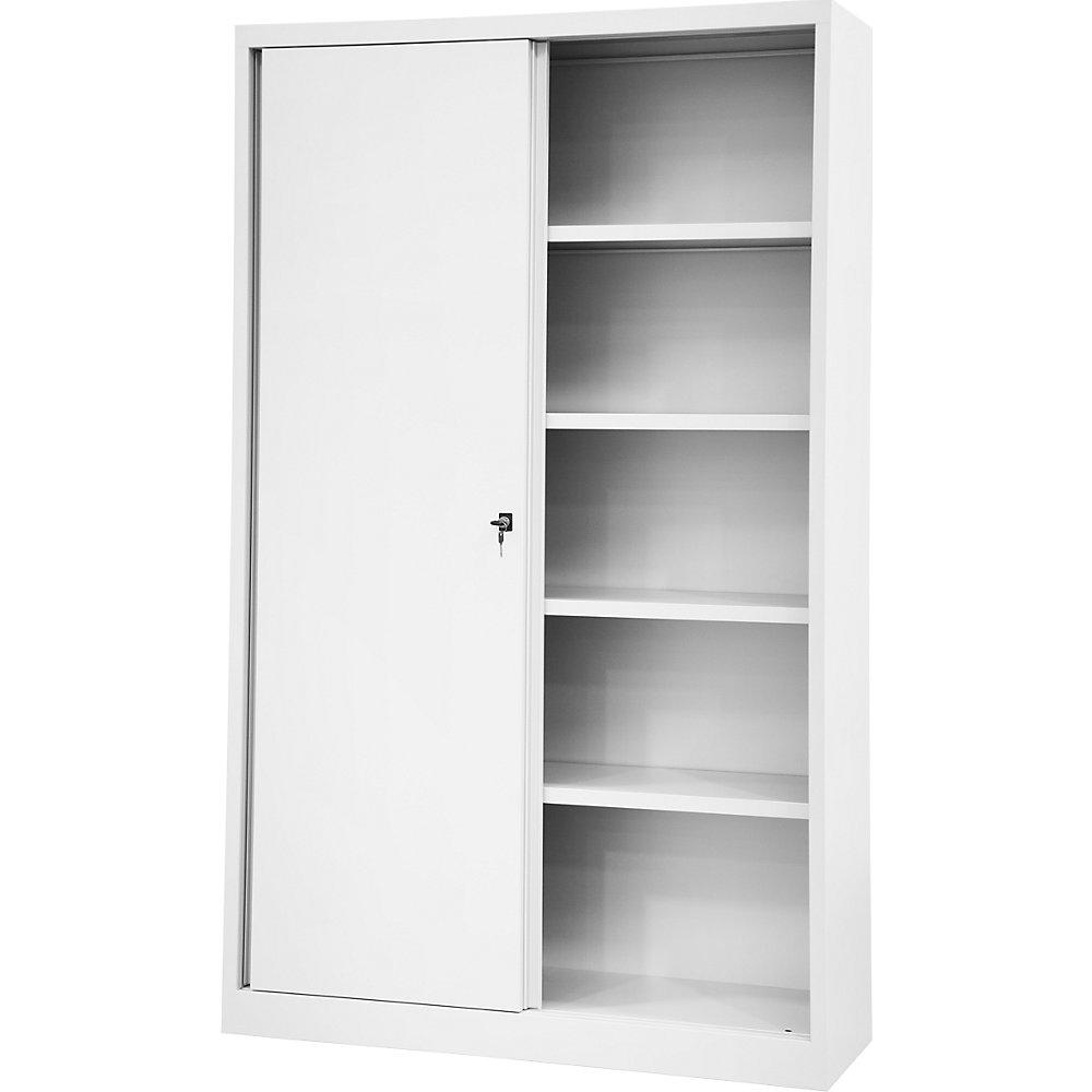BISLEY ECO sliding door cupboard, 4 shelves, 5 file heights, traffic white
