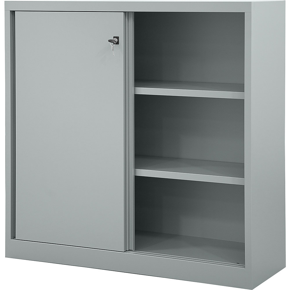 BISLEY ECO sliding door cupboard, 2 shelves, 3 file heights, silver