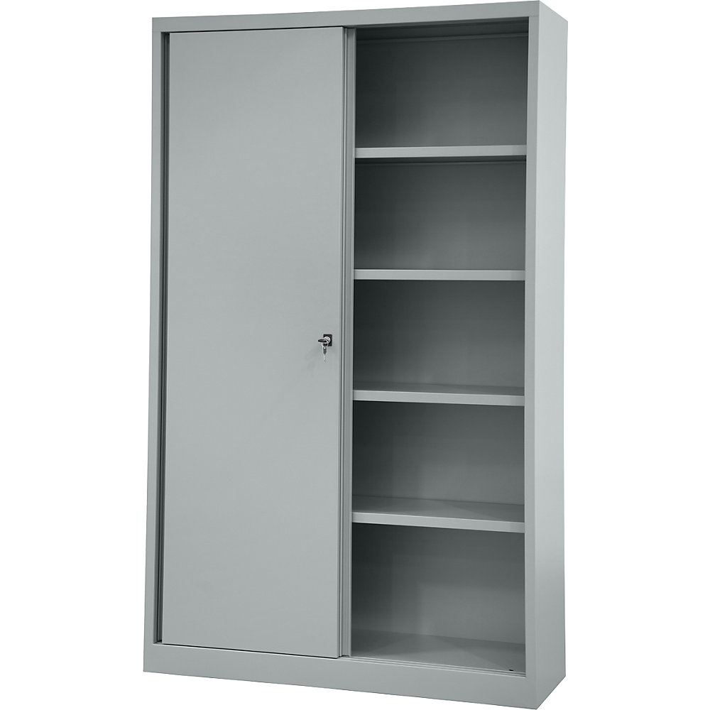 BISLEY ECO sliding door cupboard, 4 shelves, 5 file heights, silver